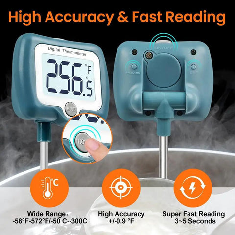 Front and back view of Digital Candy Thermometer With 10 Inch Long Probe And Pot Clip, Rotating Big Display For Candy Making, Blue