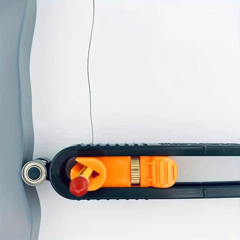 Precision Contour Scribe Tool With Lock Pin Slick Woodworking Measuring Ruler tracking a curved line on white paper.