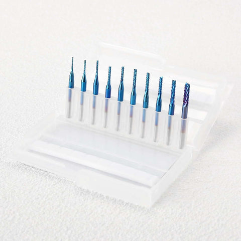 SainSmart Genmitsu 10-pack blue-coated end mills with 1/8 in shanks in a clear plastic case