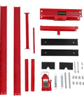 Built Tough 20 Ton Hydraulic H Frame Shop Press For Industrial Grade Stability And Floor Use Reinforced Carbon Steel Construction With Powder Coated Finish For Durability And Corrosion Resistance. parts kit with 20-ton hydraulic jack, red steel frame beams and hardware