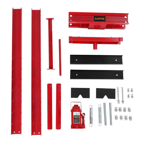 Built Tough 20 Ton Hydraulic H Frame Shop Press For Industrial Grade Stability And Floor Use Reinforced Carbon Steel Construction With Powder Coated Finish For Durability And Corrosion Resistance. parts kit with 20-ton hydraulic jack, red steel frame beams and hardware