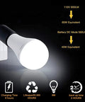 Illuminated Six Pack A21 Rechargeable Emergency LED Bulb 9W Daylight White 6000K with Battery Backup shown with specs