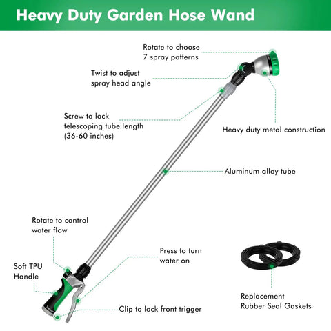 Extendable Watering Wand With 36 To 60 Inch Reach, 180 Degree Adjustable Ratcheting Head, Seven Spray Patterns, Flow Control