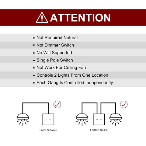 Diagram of Wall Touch Light Switch No Neutral 2-Gang With explanation of non-supported features and independent control.