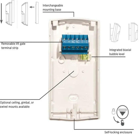 Back panel of Blue Line Gen PIR Motion Detector 2 Pack with 40 ft range, showing terminal strip and mounting options.