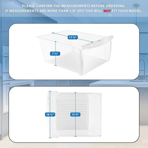 Upgraded Crisper Bin Replacement For Refrigerator Model 240351061 with dimensions displayed, durable material shown.
