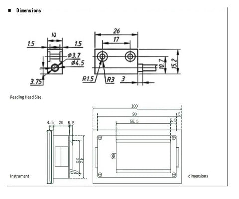 Diagram showing dimensions of 7 Bit LCD LP02 Digital Magnetic Scale Kit for milling, grinding, and cutting machines.