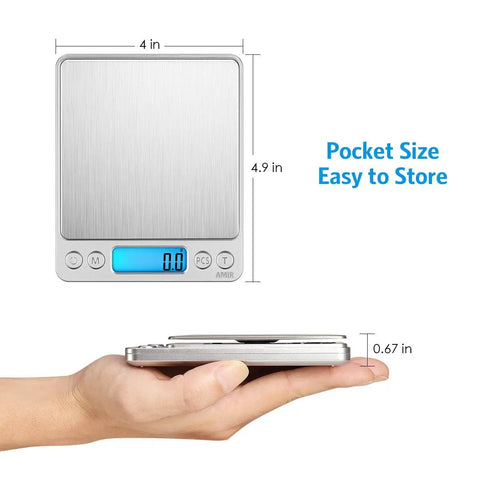 Digital Kitchen Scale With 3000G Capacity And One Hundredth Ounce And One Tenth Gram Precision Pocket Coffee Scale shown compact and lightweight in hand