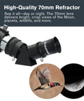 Travel Scope 70mm Beginner Portable Telescope With Backpack For Easy Stargazing On The Go, Crisp Moon And Planet Views, Lightweight Travel Ready, Fully Coated Glass Lenses, The Perfect First Telescope For Newbies. 70mm refractor telescope showing moon and bird views.