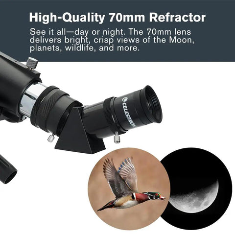 Travel Scope 70mm Beginner Portable Telescope With Backpack For Easy Stargazing On The Go, Crisp Moon And Planet Views, Lightweight Travel Ready, Fully Coated Glass Lenses, The Perfect First Telescope For Newbies. 70mm refractor telescope showing moon and bird views.