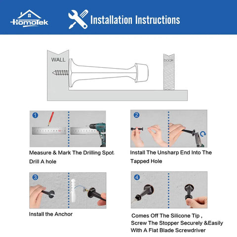 Installation instructions for 8 Pack Heavy Duty Solid Door Stop With Soft Rubber Tip Zinc Die Cast Door Stopper Protect Walls and Doors Black Finish Easy Install Durable Construction Built Tough.