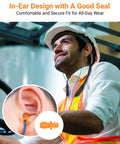 Construction worker wearing Boss Level Wireless Noise Cancelling Neckband Headphones With Qualcomm AptX HD, blue wire, orange earbuds.