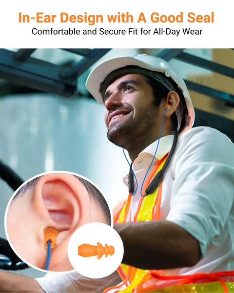 Construction worker wearing Boss Level Wireless Noise Cancelling Neckband Headphones With Qualcomm AptX HD, blue wire, orange earbuds.