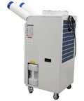 Heavy Duty Commercial Portable Air Conditioner With Massive 14L Tank Delivers Non Stop Cooling For Shops Hospitals And Outdoor Events side view with dual exhaust tubes.