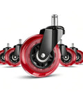 Premium Three Inch Office Chair Wheels In Bold Red Set Of Five Featuring Universal Standard Stems for smooth rolling glides.