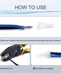 Instructional steps for using the Assorted Closed End Crimp Connector Kit For 22-18, 16-14, And 12-10 AWG With Tinned Copper Core, Nylon PA Cap.