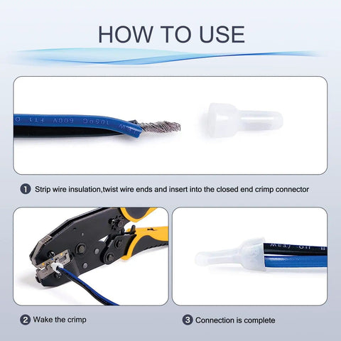 Instructional steps for using the Assorted Closed End Crimp Connector Kit For 22-18, 16-14, And 12-10 AWG With Tinned Copper Core, Nylon PA Cap.