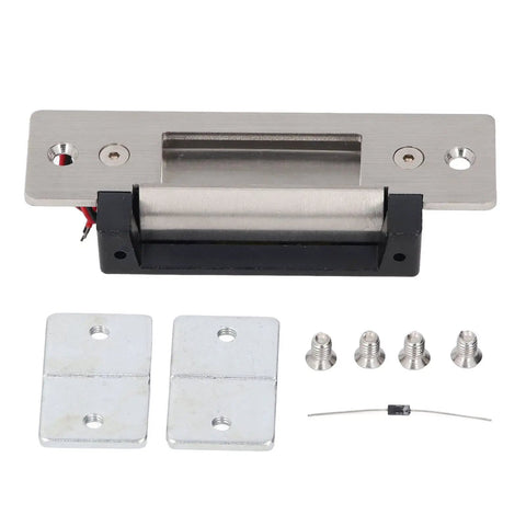 Heavy Duty 12V Electric Strike Lock Built Like A Tank For Ironclad Door Security And Plug And Play Access Control Installation Fits Standard Cylindrical Latch Sets And Entry Doors with stainless steel finish and mounting hardware.
