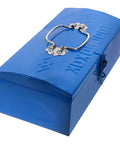 Blue Iron Toolbox With Heavy Duty Lock And Steel Reinforced Corners Comfortable Grip Bar For Hardware Bits Sorting viewed from the side.