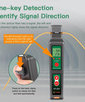 KFI-40 Fiber Optic Detector And Live Identifier for 0.25mm to 3.0mm cables, showing one-key detection and signal direction identification.