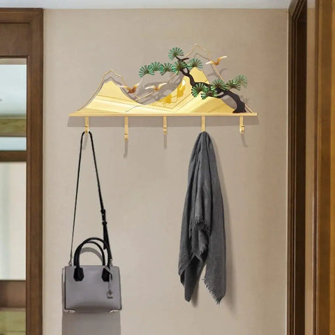 Sick Wall Mount Coat Rack with 5 Sturdy Hooks for Your Entryway Glow Up, showcasing a decorative design with gray scarf and bag.