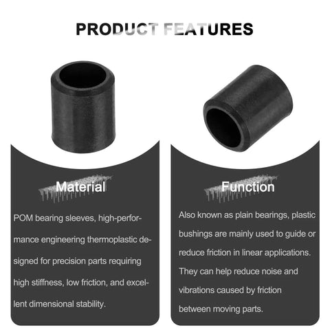 Ten Pack POM Sleeve Bearings 5mm ID X 7mm OD X 8mm Length Self Lubricating Oilless Black Bushings for Small Motors, DIY Projects, RC Cars, 3D Printer Parts, Hobby Machining, shown in front and angled views