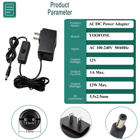12V 1A DC Power Supply With On Off Switch AC 100 240V Input To DC 12V 6.2 Foot Cord 5.5 By 2.5mm Plug Plus Five Pro Tips For LED Strip Lights And Security Cameras, black adapter with switch and plug tips