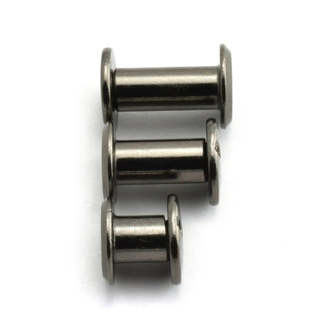 75 Piece Assorted M5 Chicago Screw Set Featuring Slotted Phillips Heads In Slick Matte Black Nickel Plated Steel, three screws displayed.