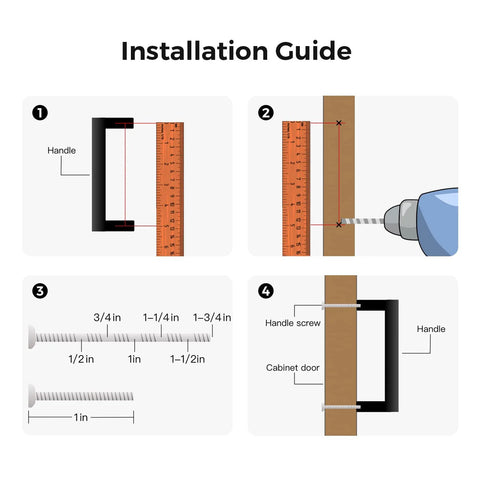 Installation guide for Square Cabinet Pulls 10 Pack 5 Inch Matte Black Cabinet Handles, showing measurement and drilling steps.
