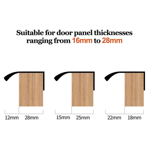 Diagram showing door panel thickness compatibility 16mm to 28mm for Bronze Aluminum Edge Finger Cabinet Pulls Set Of Two 80mm Hidden Drawer Pulls