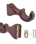 Four Pack Wood Curtain Rod Brackets With Return Ends For 1-2/5 Inch Curtain Rods Wall Mount Brown Finish Solid Wood Body With Reinforced Iron Plate Built To Last And Easy Mount showing two wooden brackets with hardware