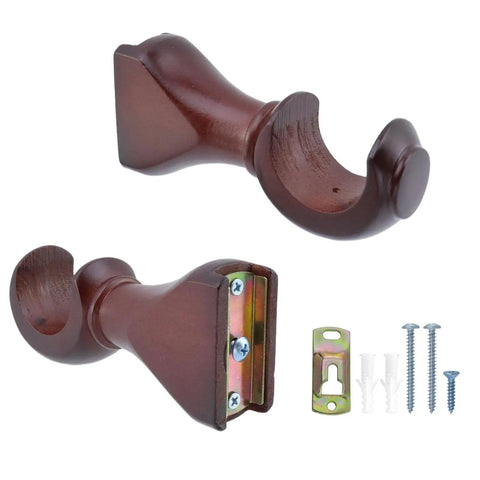 Four Pack Wood Curtain Rod Brackets With Return Ends For 1-2/5 Inch Curtain Rods Wall Mount Brown Finish Solid Wood Body With Reinforced Iron Plate Built To Last And Easy Mount showing two wooden brackets with hardware