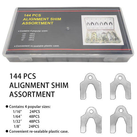 Rig Ready Auto Alignment Body Shims And Camber Tuning Kit With Sturdy Storage Case 144 Pieces Galvanized Steel Adjusters in clear plastic case.