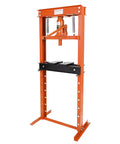 Hella 12 Ton Hydraulic Shop Press Engineered With Thick Steel H Frame For Any Garage Grind Or Heavy Industrial Bearing Swap That Goes Off Smooth, showcasing bright orange frame and black base.