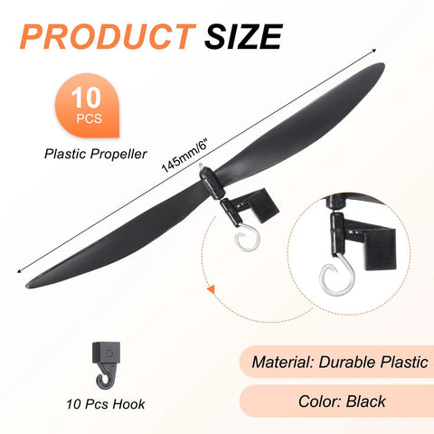 Six Inch Plastic Propeller Blades With Hooks For RC Planes And Helicopters, Fold Resistant Durable Propeller Set For STEM Projects, DIY Airplanes And Toy Aircraft, Black Pack Of 30, showing a single blade with hook and text details.