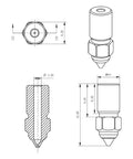 Technical drawing of Beefy Hardened Steel Nozzles for 3D Printing Spider Hotend High Speed and High Temp 0.6mm and 0.8mm Dual Pack.