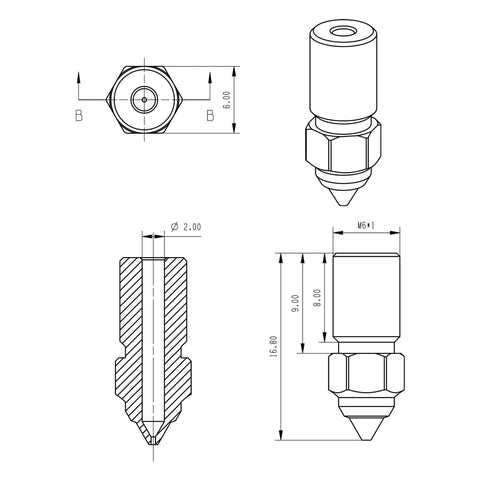 Technical drawing of Beefy Hardened Steel Nozzles for 3D Printing Spider Hotend High Speed and High Temp 0.6mm and 0.8mm Dual Pack.