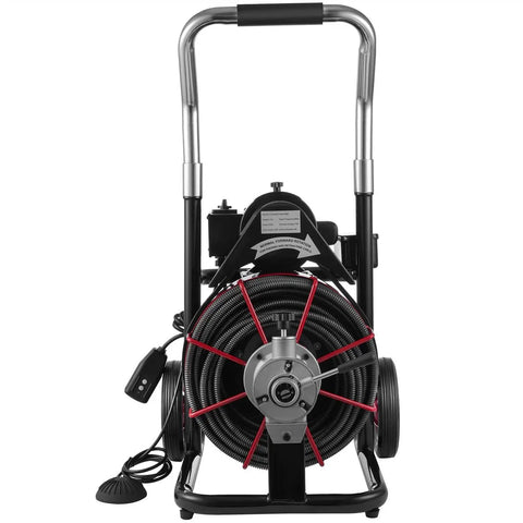 Heavy Duty Electric Sewer Auger And Drain Cleaner Machine Featuring 100 Ft Half Inch Steel Cable And 550W High Torque Motor, front view.