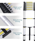 Telescoping Extension Ladder 12 and a Half Ft Aluminum Alloy Lightweight Workhorse for Roofing and Home DIY Outdoor Projects RV Use 330 Lb Capacity Safe Quick Lock Rust Resistant Anodized Finish showing handle and overlap details