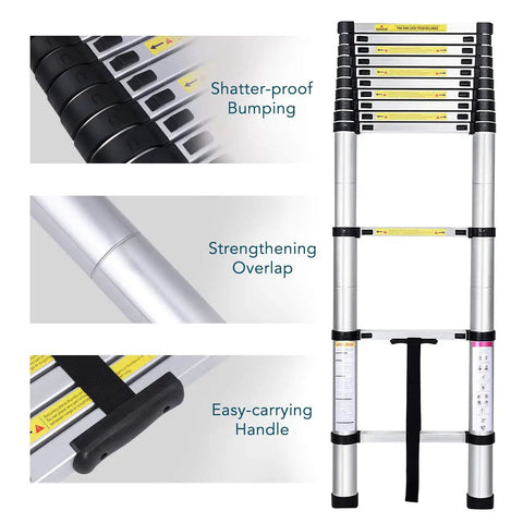 Telescoping Extension Ladder 12 and a Half Ft Aluminum Alloy Lightweight Workhorse for Roofing and Home DIY Outdoor Projects RV Use 330 Lb Capacity Safe Quick Lock Rust Resistant Anodized Finish showing handle and overlap details