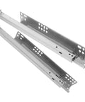 Heavy-Duty Two-Section Drawer Slides Set Made From Cold Rolled Steel Rust-Resistant Thickened Rails With Silent Buffer Soft-Close Mechanism Great For Cabinet And Closet Drawers Smooth Glide Long-Lasting Durability, two silver slide rails shown angled