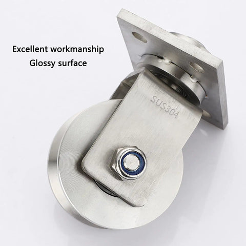 Heavy Duty V Groove Sliding Gate Rollers With Mounting Plate, 3 Inch 304 Stainless Steel track wheel with glossy surface.