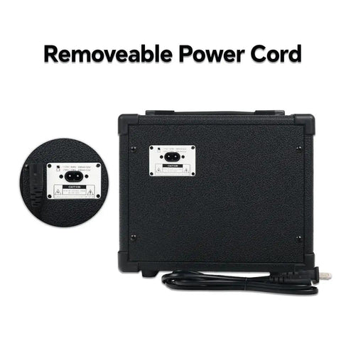 Back view of Portable 20W Electric Guitar Amp With Built In 5 Inch Speaker shows removable power cord and connection ports.