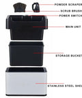 Electric Portafilter Cleaner With Compact Knock Box Designed To Swiftly Knock Out Spent Coffee Grounds Includes three scrapers and brush.