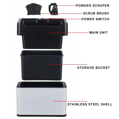 Electric Portafilter Cleaner With Compact Knock Box Designed To Swiftly Knock Out Spent Coffee Grounds Includes three scrapers and brush.