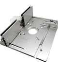Heavy Duty Aluminum Router Table Insert Plate With Hella Precise Cnc Dial Scale, smooth gliding miter fence, close-up view.