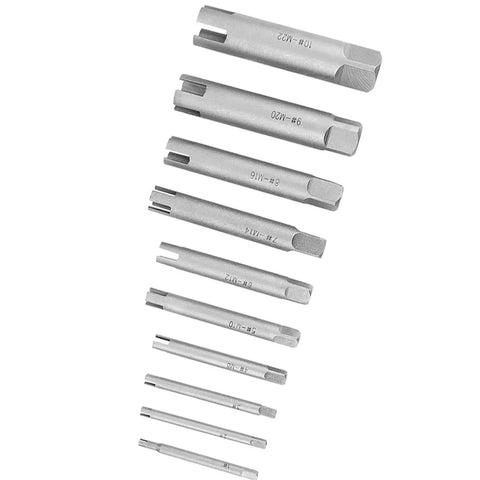 Super Tough Steel Broken Taps Remover Kit For M4 To M24 And Imperial Sizes, Perfect Set To Extract Stripped Screws Rusty Bolts Corroded Fasteners Easy Fix For Any Auto Or DIY Home Project Job., 10 steel tap extractors shown