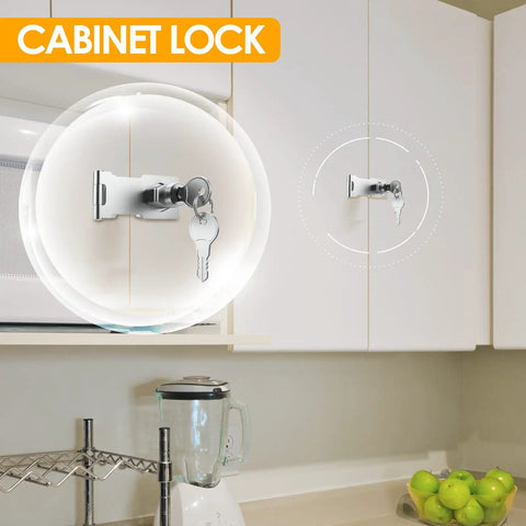 Three Inch Zinc Alloy Chrome Finish Cabinet Lock With Key installed on kitchen cabinet for kid-proof storage