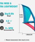4.2 Sq M Inflatable Surfing Wing for Windsurf Foil Sailing specs with dimensions; blue and red PVC Beast Performance sail.