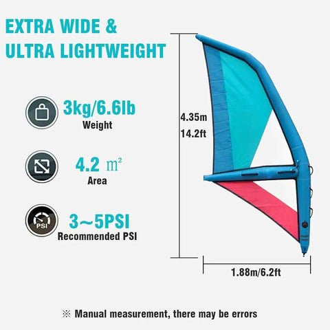 4.2 Sq M Inflatable Surfing Wing for Windsurf Foil Sailing specs with dimensions; blue and red PVC Beast Performance sail.